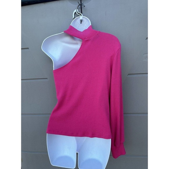 LNA MURPHY SWEATER ONE SHOULDER TURTLE KNECK LONG SLEEVES RIB TOP BARBIE PINK M - Picture 11 of 14